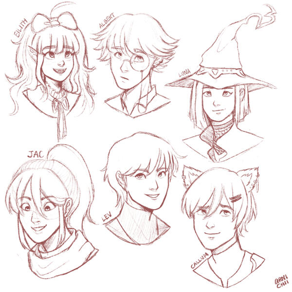 Character Design | revamped OC headshot profiles | Eilith, a childish vampire; Albert, Eilith's human butler; Luna, a water well witch; Jac, a pirate Robin Hood, Lev, a former navy officer; and Callum, a werewolf mercenary | Software: Procreate