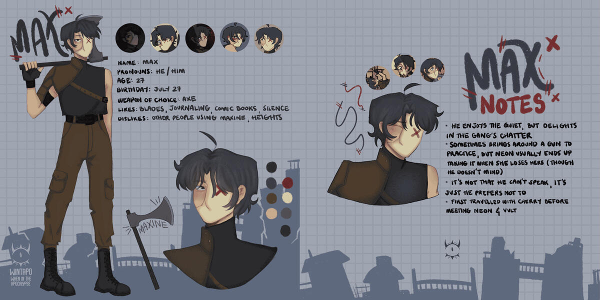 Wintapo: Max | character design and profile of my webtoon character Max | Software: Procreate, Clip Studio Paint