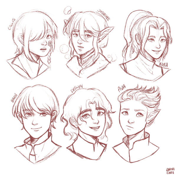 Character Design | revamped headshot profiles for some of my OCs | Callis, an air elemental; Jasmine, an earth elemental; Kira, a fire elemental; Bran, an air elemental; Evelyn, a huntress; and Ava, an elf mechanical engineer | Software: Procreate
