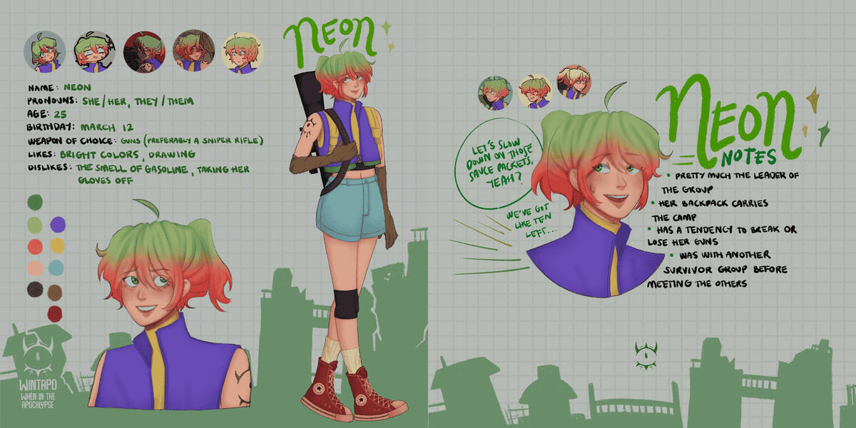 Wintapo: Neon | character design and profile of my webtoon character Neon | Software: Procreate, Clip Studio Paint
