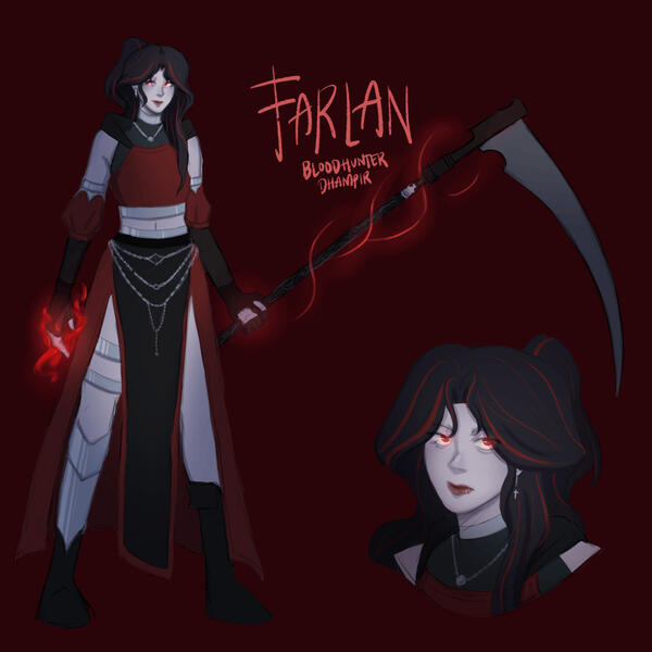 D&amp;D Character Design | a character design of Farlan, a D&amp;D character who is a mysterious and secretive bloodhunter dhampir | Software: Procreate