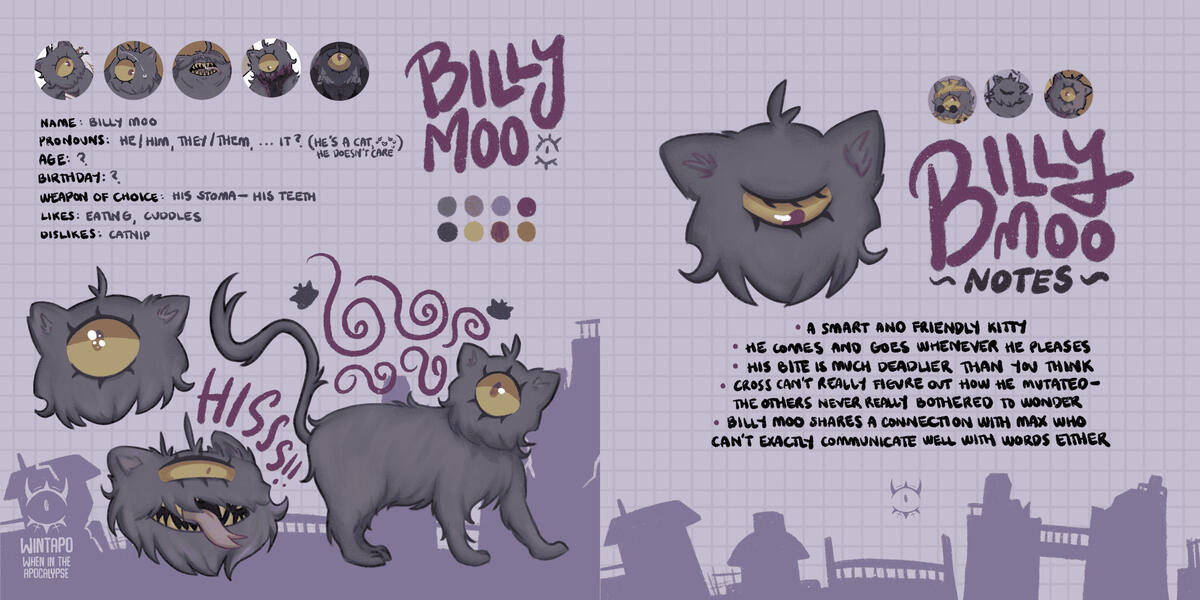 Wintapo: Billy Moo | character design and profile of my webtoon cat character Billy Moo | Software: Procreate, Clip Studio Paint