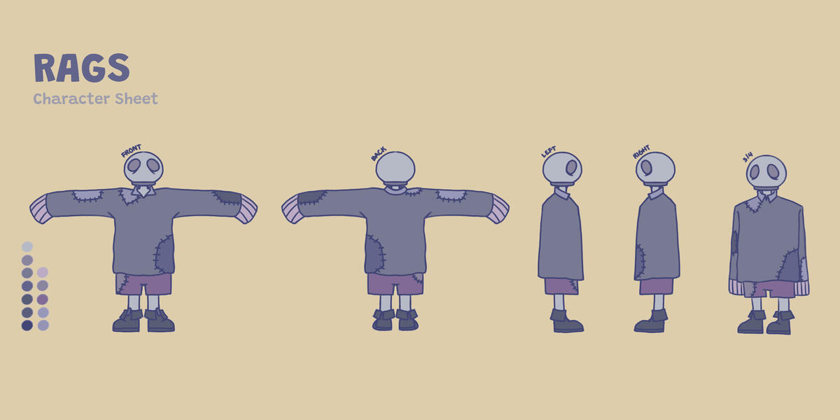 Character Sheet | Rags | made for school, Rags is a shy and misunderstood graveyard caretaker--he is seen to be cold and terrifying to others due to his appearance, but he is kind and caring, and his heart is in fact, warm | Software: Procreate