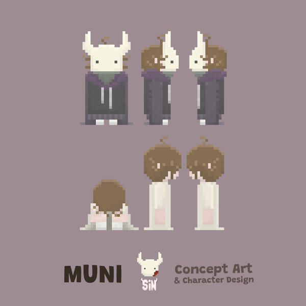 Character Design &amp; Concept Art | in a game called Sin where I was also a co-artist and co-developer, I came up with the two character design looks for Muni, the main character, that the player would see in the game | Software: Aseprite, Clip Studio Paint