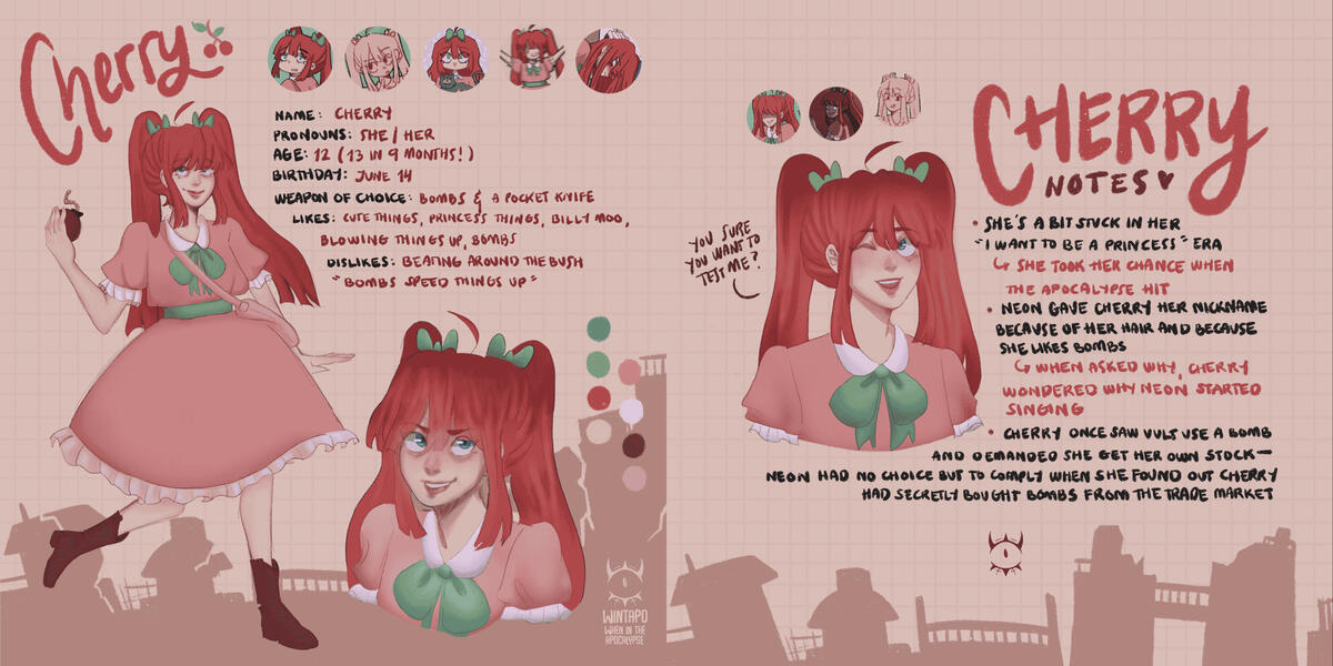 Wintapo: Cherry | character design and profile of my webtoon character Cherry | Software: Procreate, Clip Studio Paint
