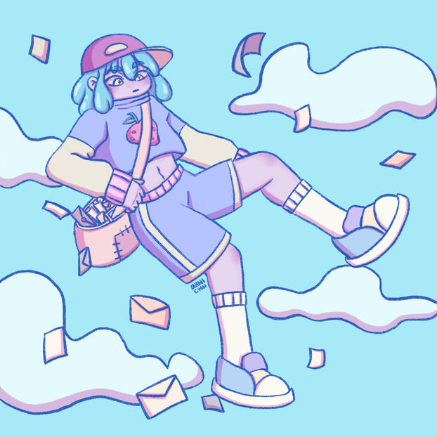 [2024JUL07] Illustration | Messenger Girl; a young girl with the ability to fly and a job to deliver messages--though she isn't very good at it | Software Used: Procreate