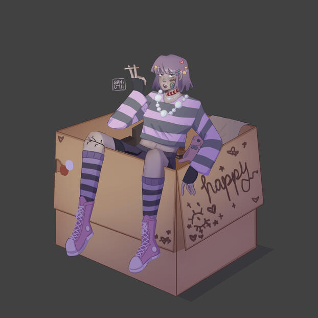 [2025MAY] Illustration | made with the idea of an unhappy girl ironically in bright clothes and stuck in a box that mentions happiness | Software Used: Procreate