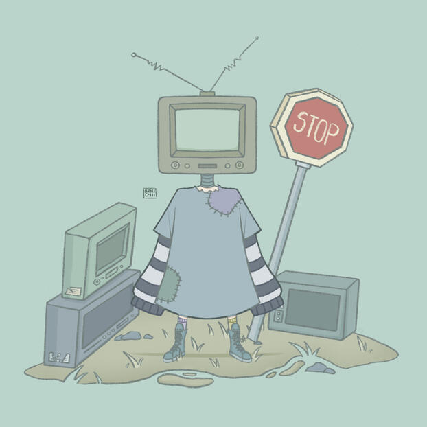 [2024FEB01] Illustration | TV Kid; a character in a short series I call The Headless Kids, inspired by the little characters of Little Nightmares | Software Used: Procreate